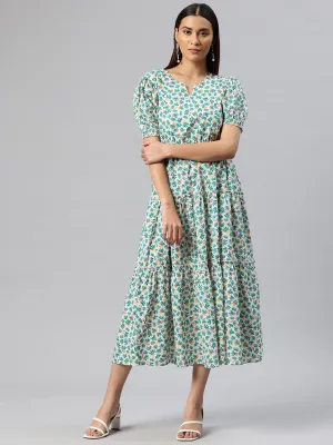 Cottinfab Floral Print Puff Sleeve Fit & Flare Midi Dress