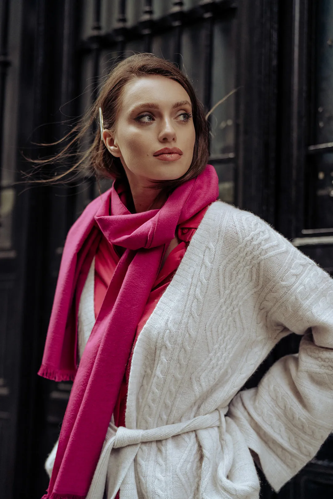 Ecru Aurora Australian Wool Cashmere Braided Belted Long Sleeve Women's Cardigan