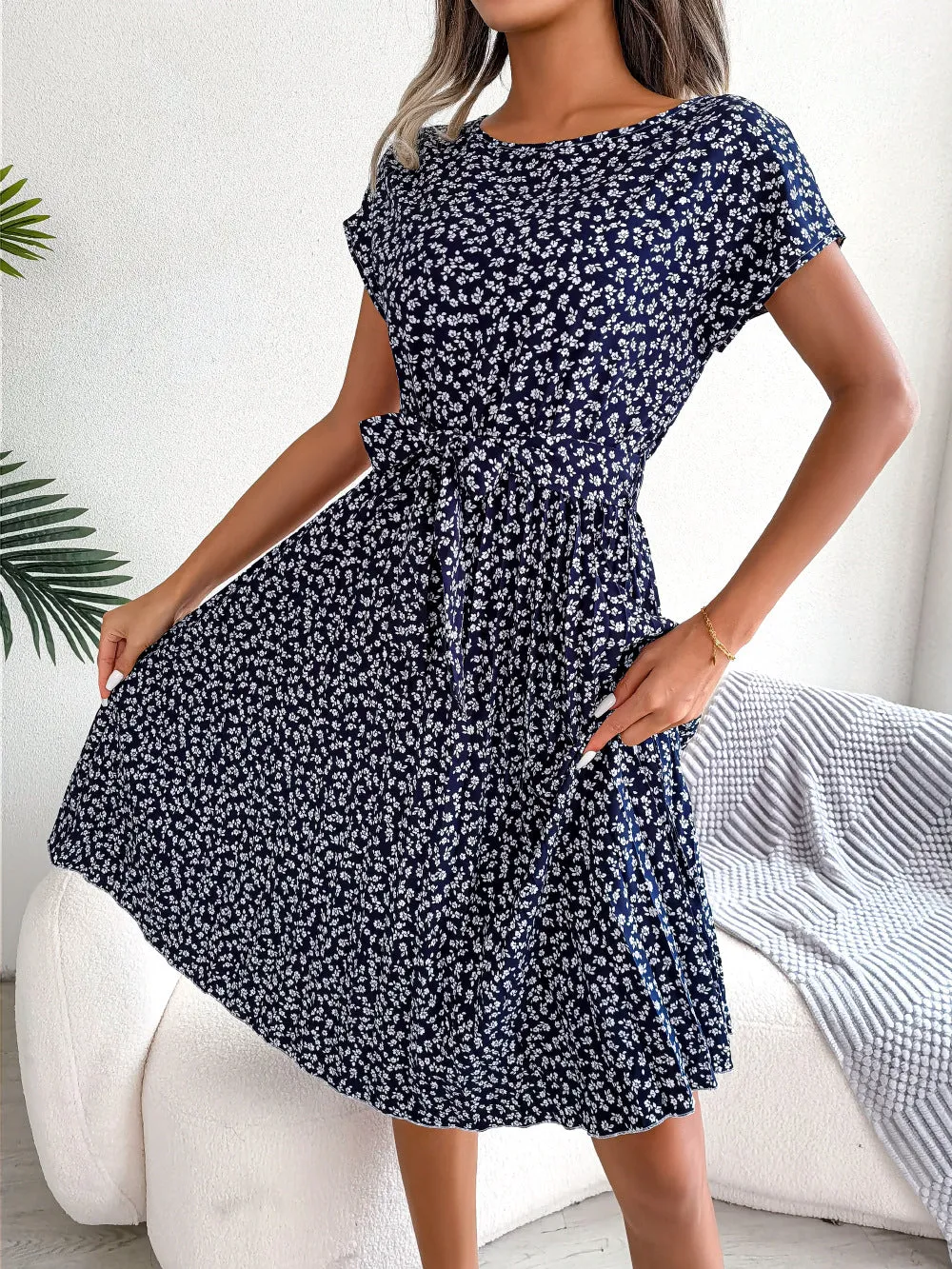 Floral Pleated Dress Casual Short Sleeve Crew Neck Corset