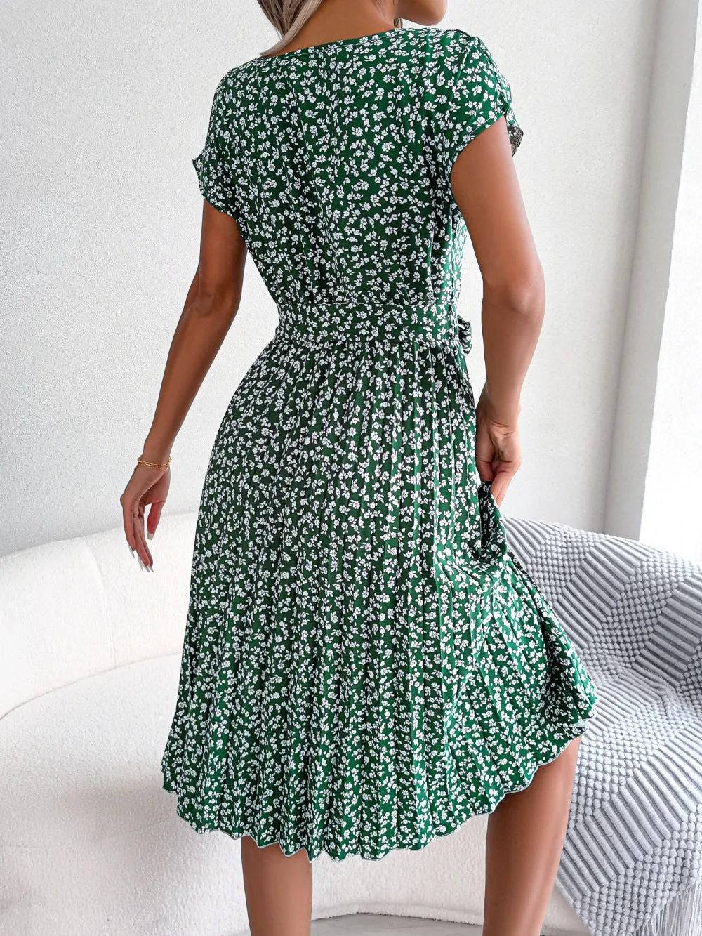 Floral Pleated Dress Casual Short Sleeve Crew Neck Corset