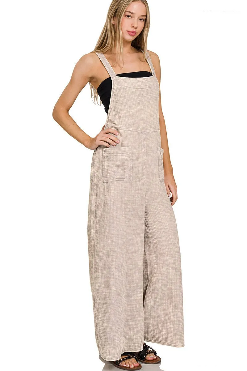 Flowy Gauze Wide Leg Overalls - Ash Mocha