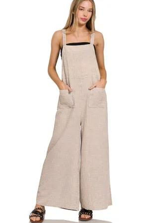 Flowy Gauze Wide Leg Overalls - Ash Mocha
