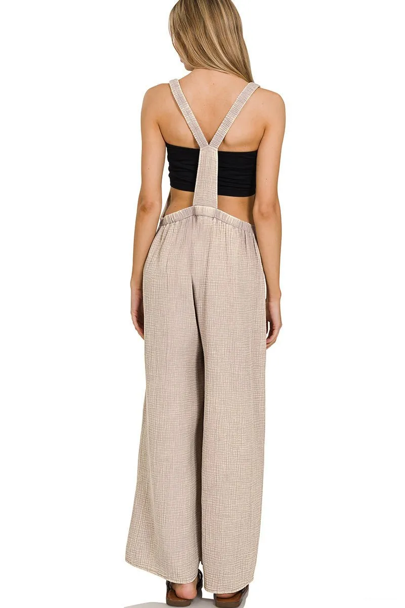 Flowy Gauze Wide Leg Overalls - Ash Mocha
