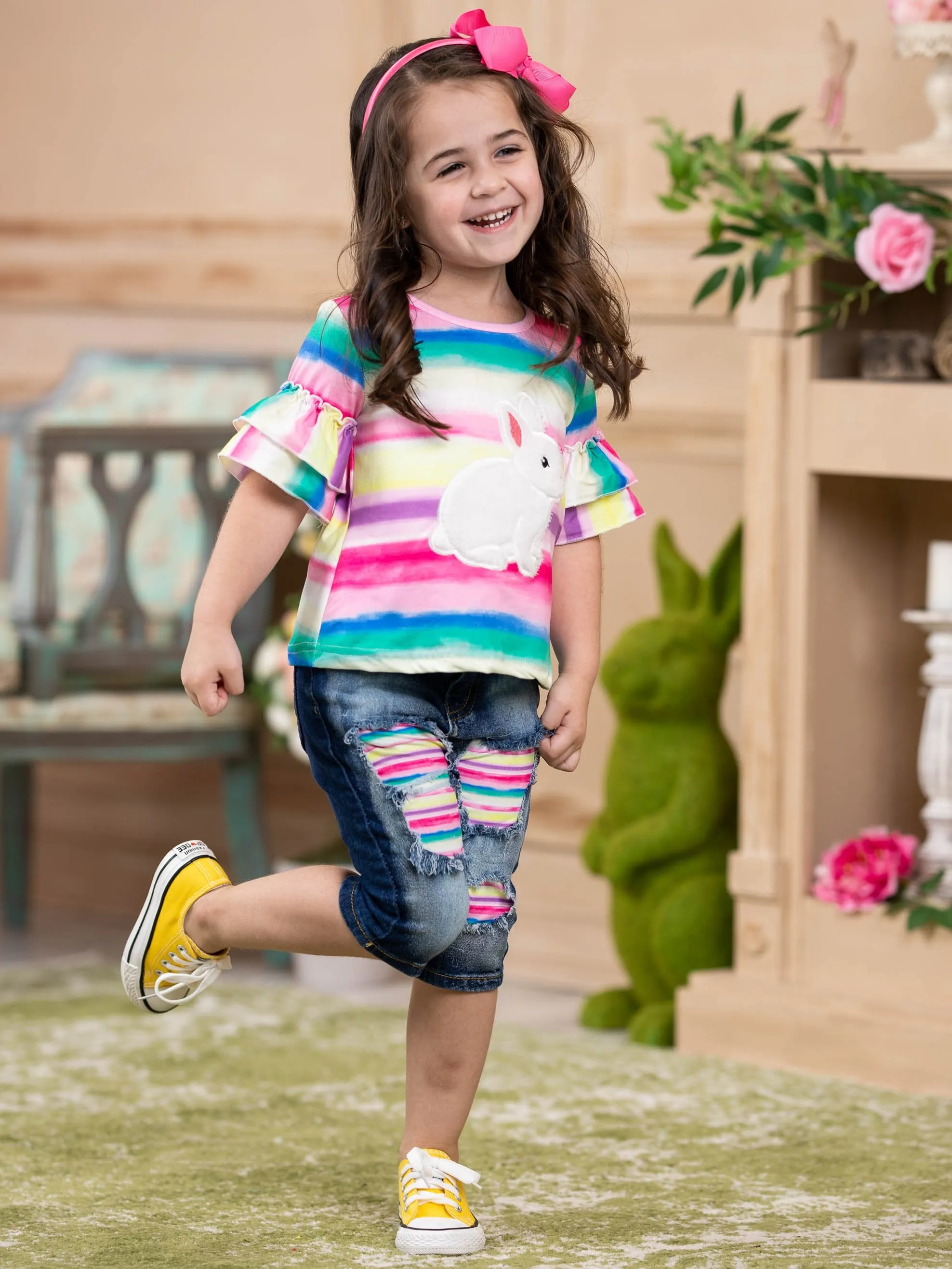 Girls Bunny Time Top and Patched Jeans Set with Sash