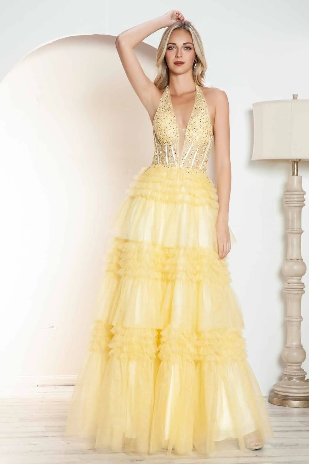 Halter Ruffled A-line Slit Gown by Juliet JT2556S