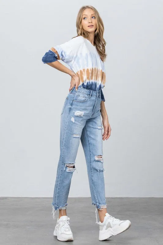 High Waist Ripped Frayed Girlfriend Jeans