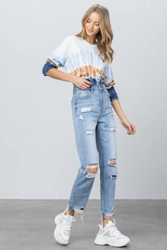 High Waist Ripped Frayed Girlfriend Jeans