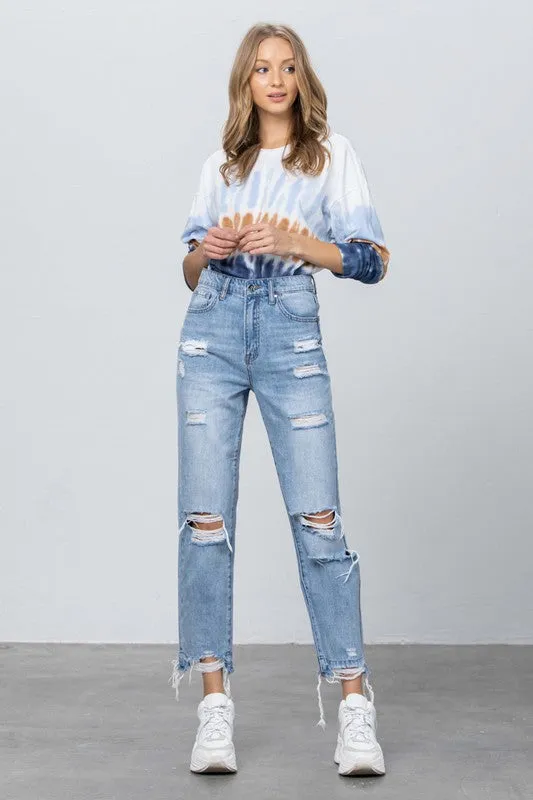 High Waist Ripped Frayed Girlfriend Jeans