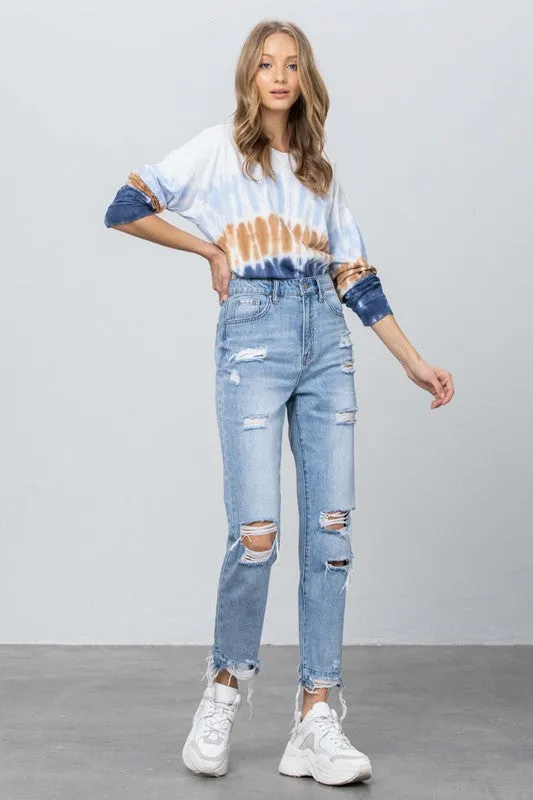 High Waist Ripped Frayed Girlfriend Jeans