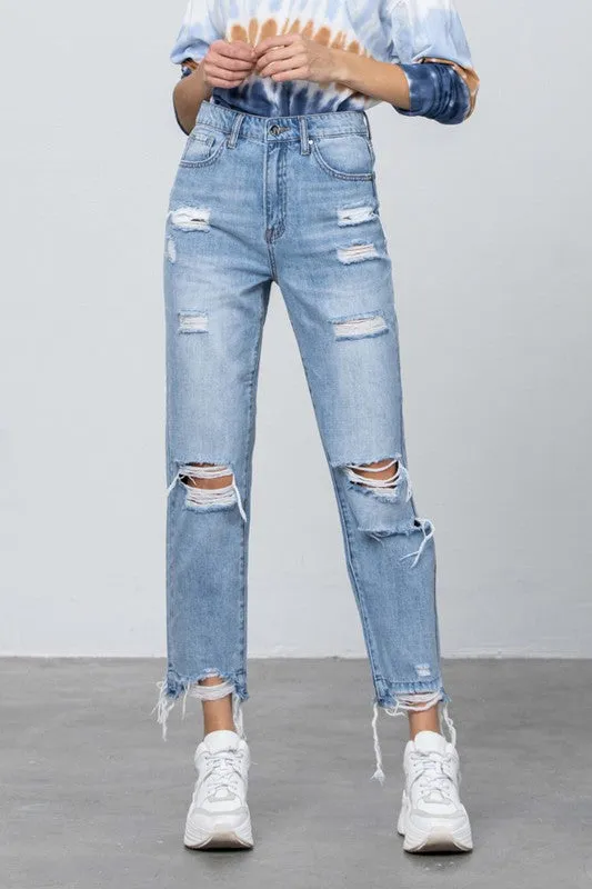 High Waist Ripped Frayed Girlfriend Jeans