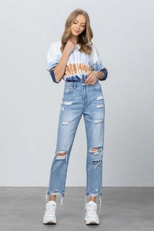 High Waist Ripped Frayed Girlfriend Jeans