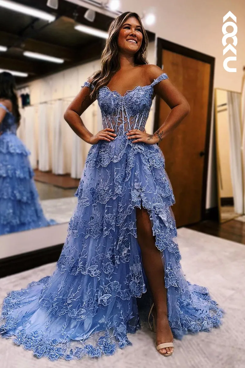 L2223 - Glamorous & Dramatic Straps Off-Shoulder Side Slit A-Line Applique Party Prom Dress