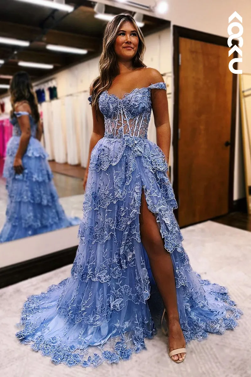 L2223 - Glamorous & Dramatic Straps Off-Shoulder Side Slit A-Line Applique Party Prom Dress