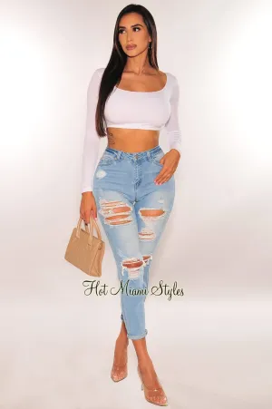 Light Denim High Waist Destroyed Skinny Ankle Jeans