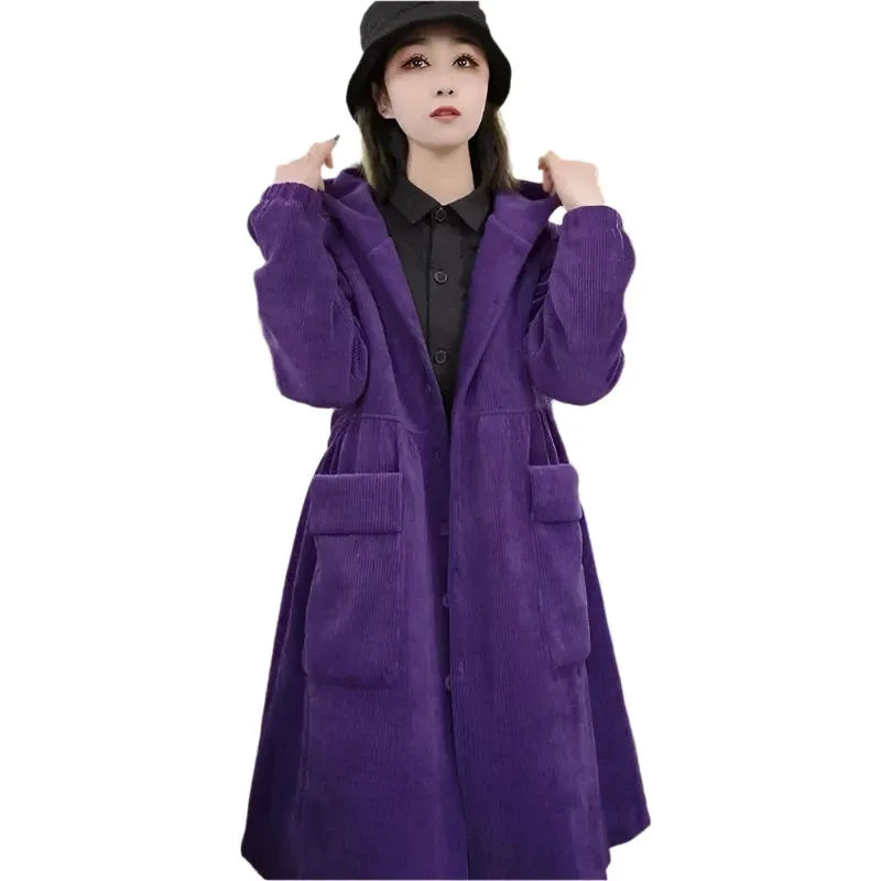 Long Loose Pocket Corduroy Hooded Thick Coat