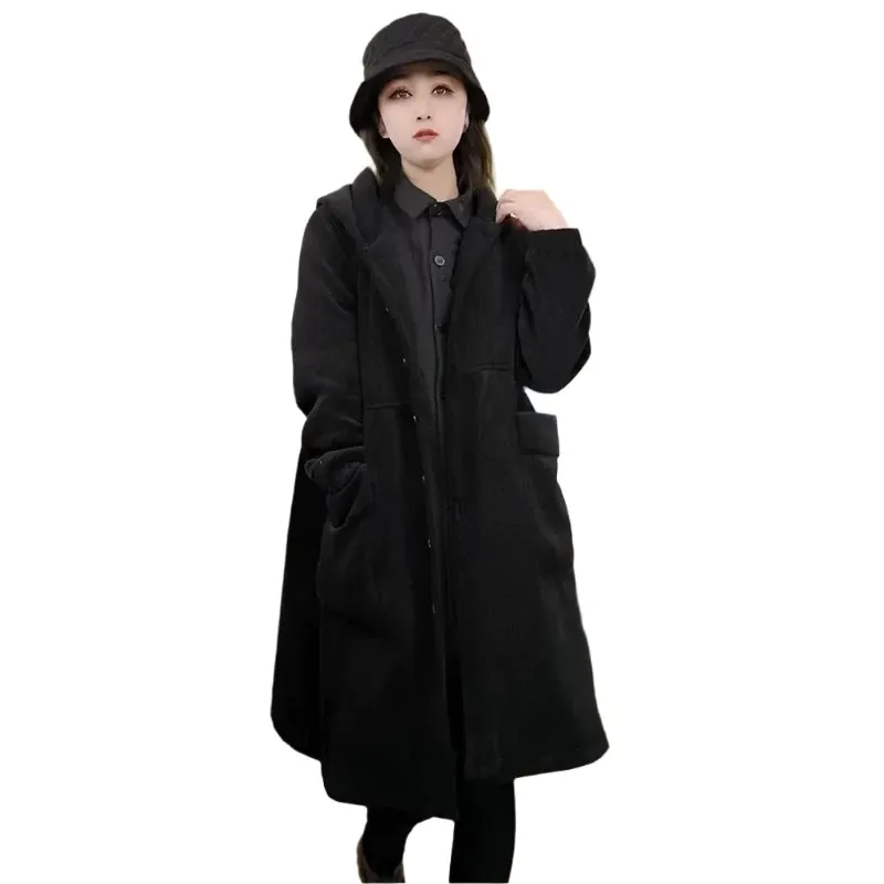 Long Loose Pocket Corduroy Hooded Thick Coat