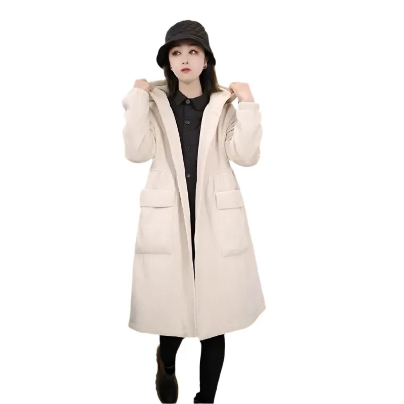Long Loose Pocket Corduroy Hooded Thick Coat