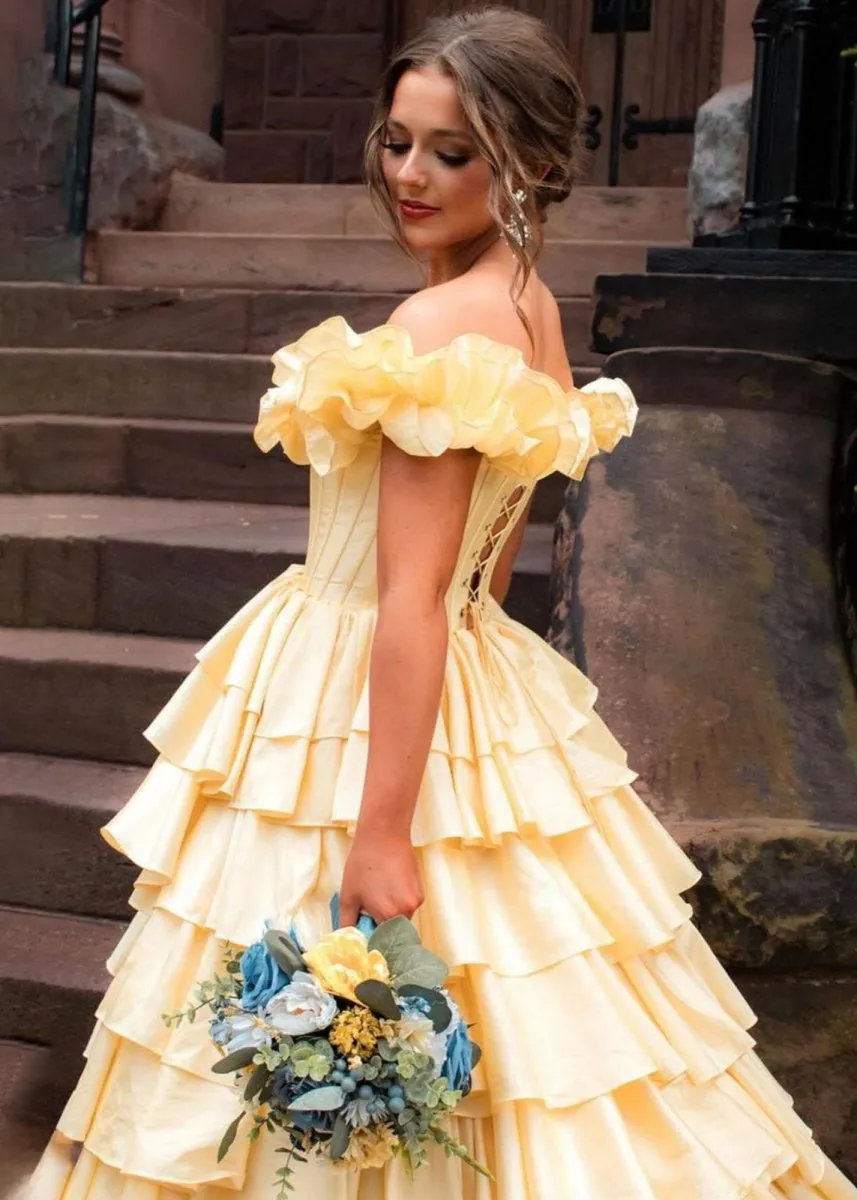 Madelynn | Off-Shoulder Ruched A-Line Layered Satin Prom Dress with Slit