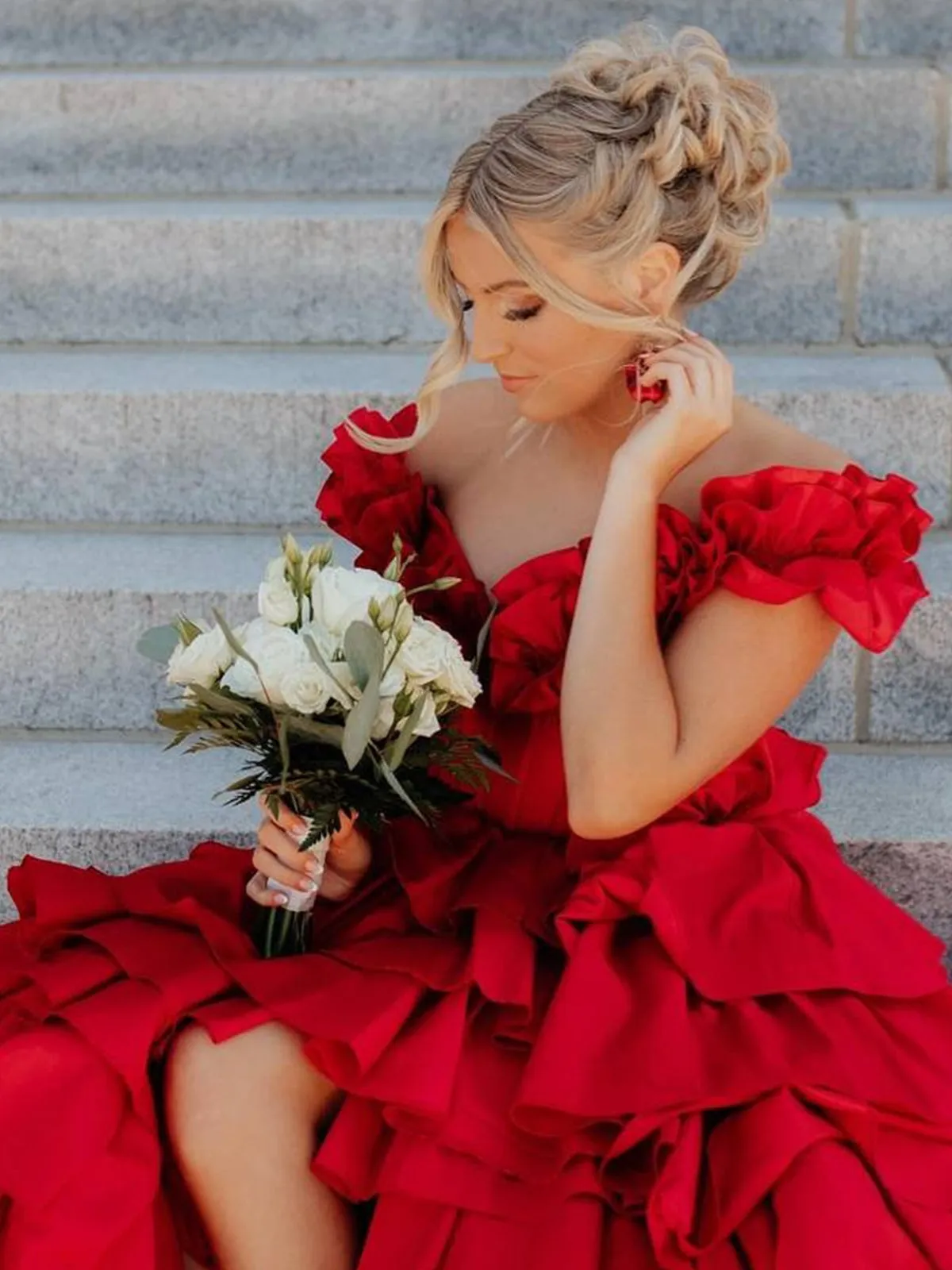 Madelynn | Off-Shoulder Ruched A-Line Layered Satin Prom Dress with Slit
