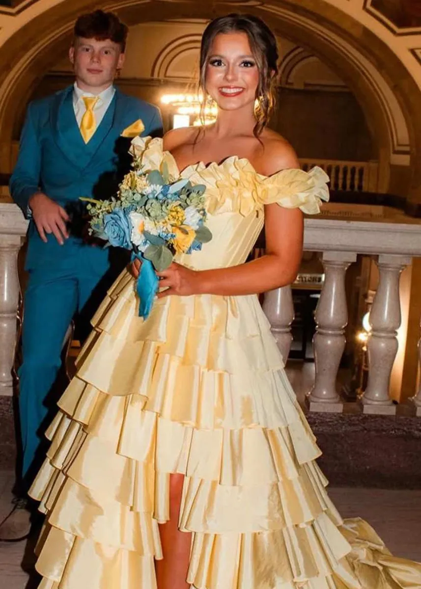 Madelynn | Off-Shoulder Ruched A-Line Layered Satin Prom Dress with Slit