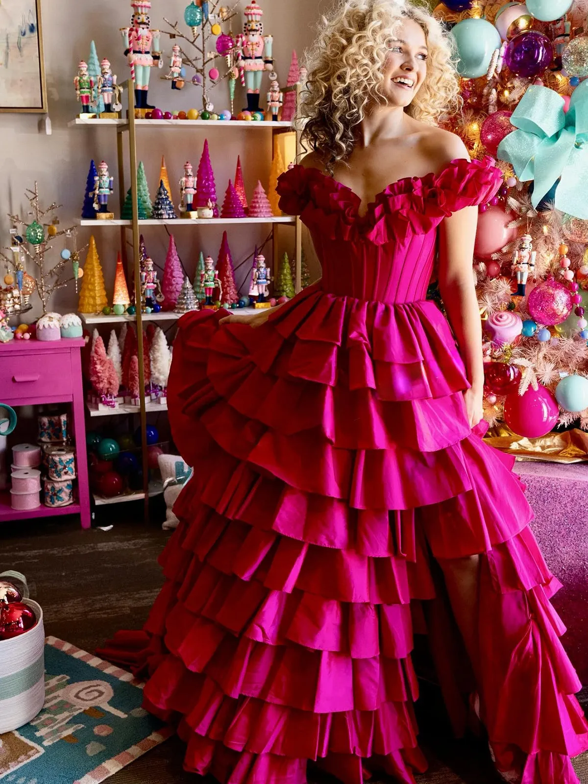 Madelynn | Off-Shoulder Ruched A-Line Layered Satin Prom Dress with Slit