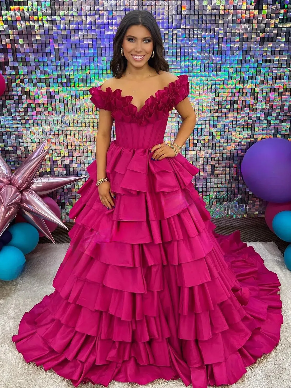Madelynn | Off-Shoulder Ruched A-Line Layered Satin Prom Dress with Slit