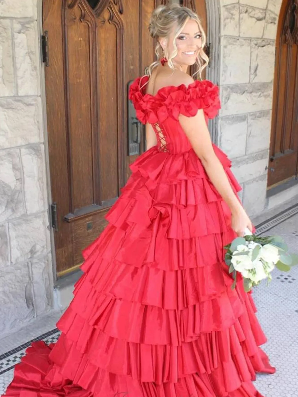 Madelynn | Off-Shoulder Ruched A-Line Layered Satin Prom Dress with Slit