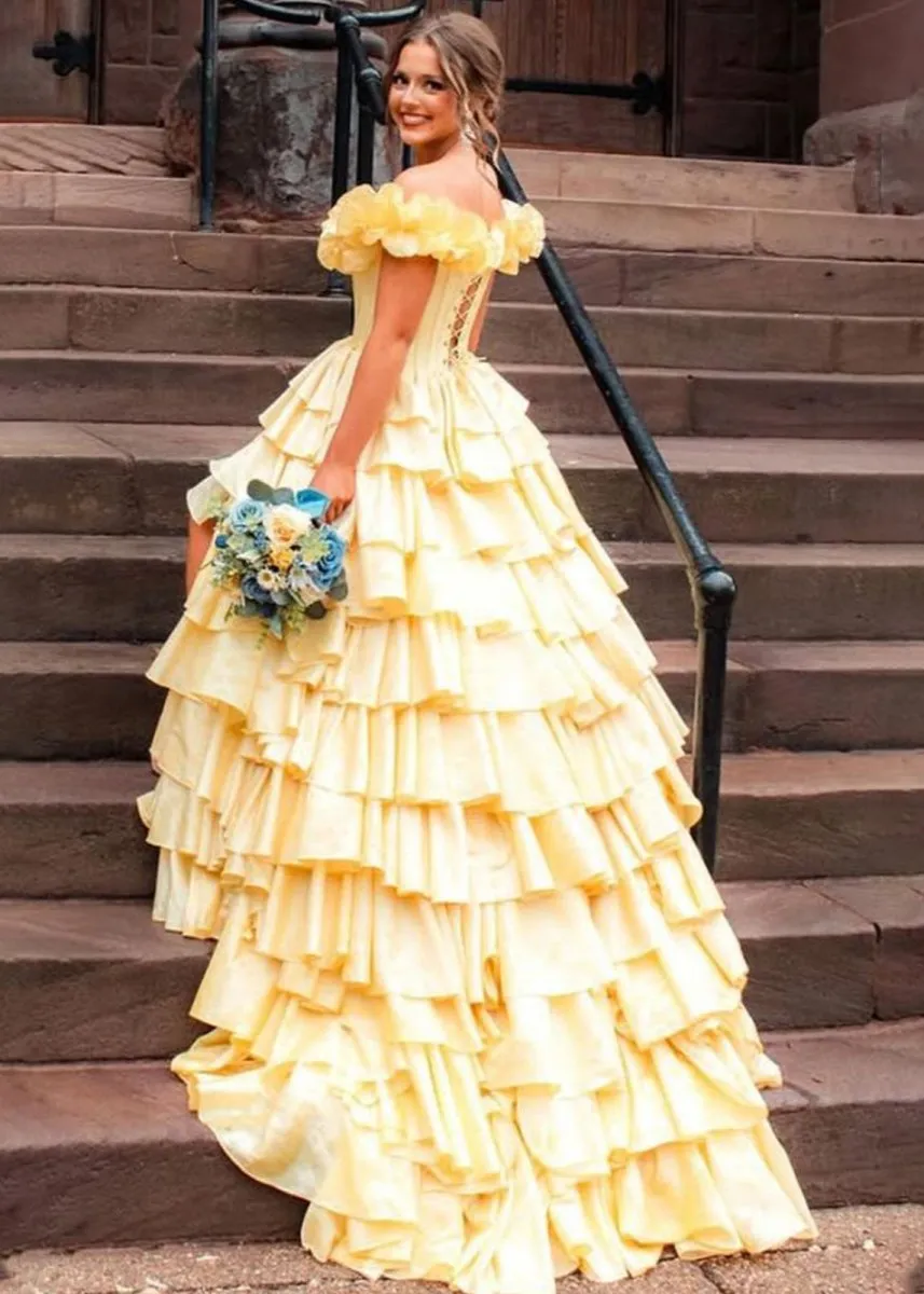 Madelynn | Off-Shoulder Ruched A-Line Layered Satin Prom Dress with Slit