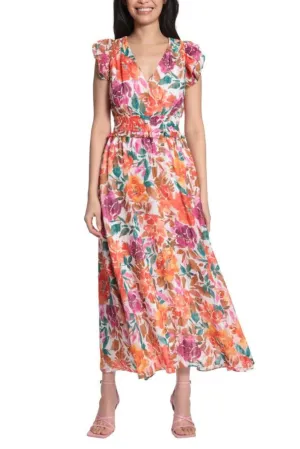 Maggy London Flutter Sleeves Smoked Waist Chiffon Maxi