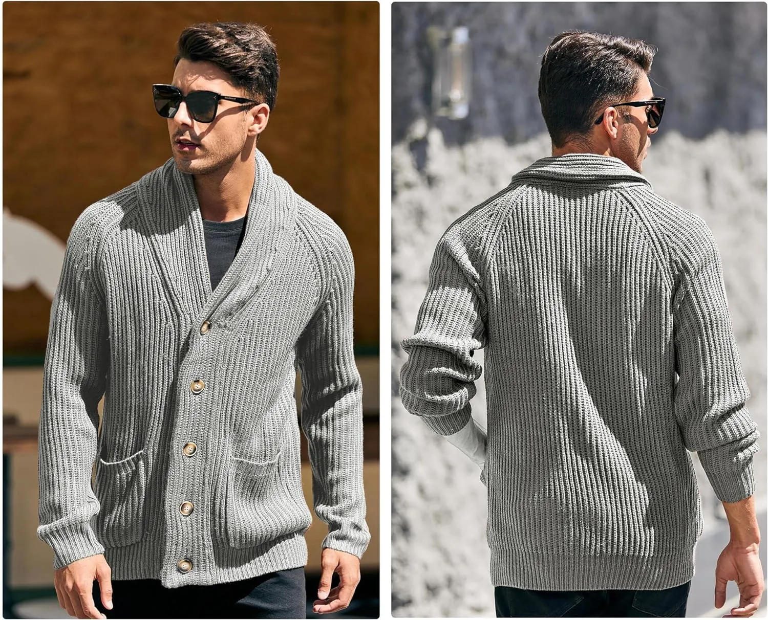 Men's Grey Shawl Ribbed Button Knit Long Sleeve Sweater Cardigan