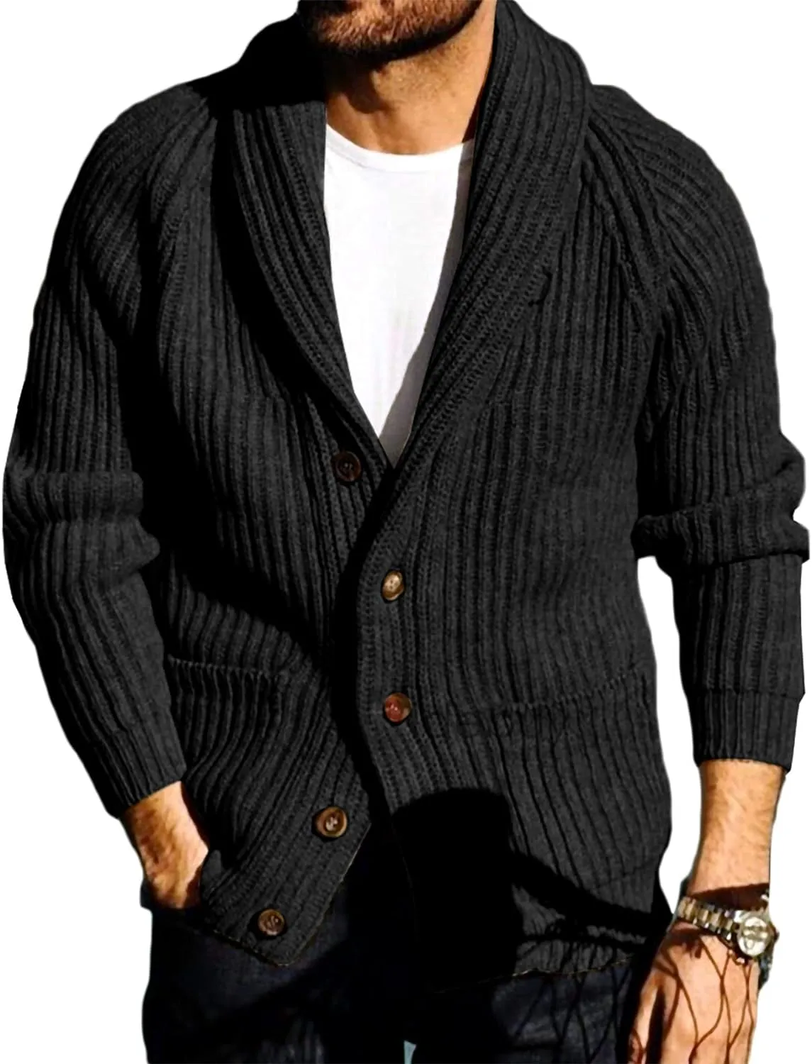 Men's Grey Shawl Ribbed Button Knit Long Sleeve Sweater Cardigan