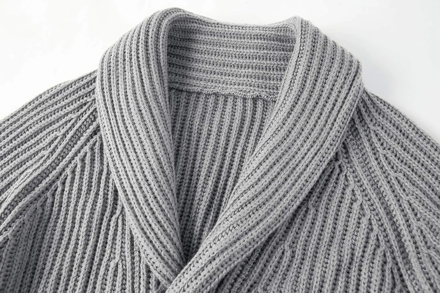 Men's Grey Shawl Ribbed Button Knit Long Sleeve Sweater Cardigan