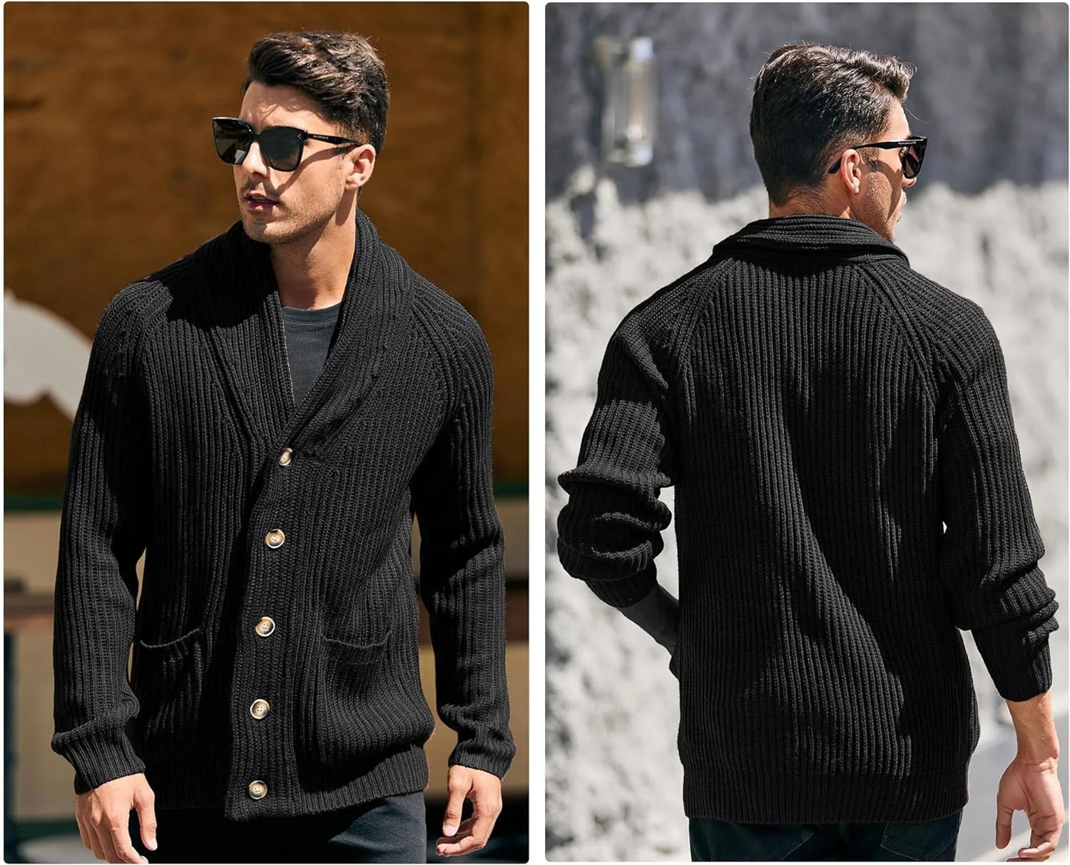 Men's Grey Shawl Ribbed Button Knit Long Sleeve Sweater Cardigan
