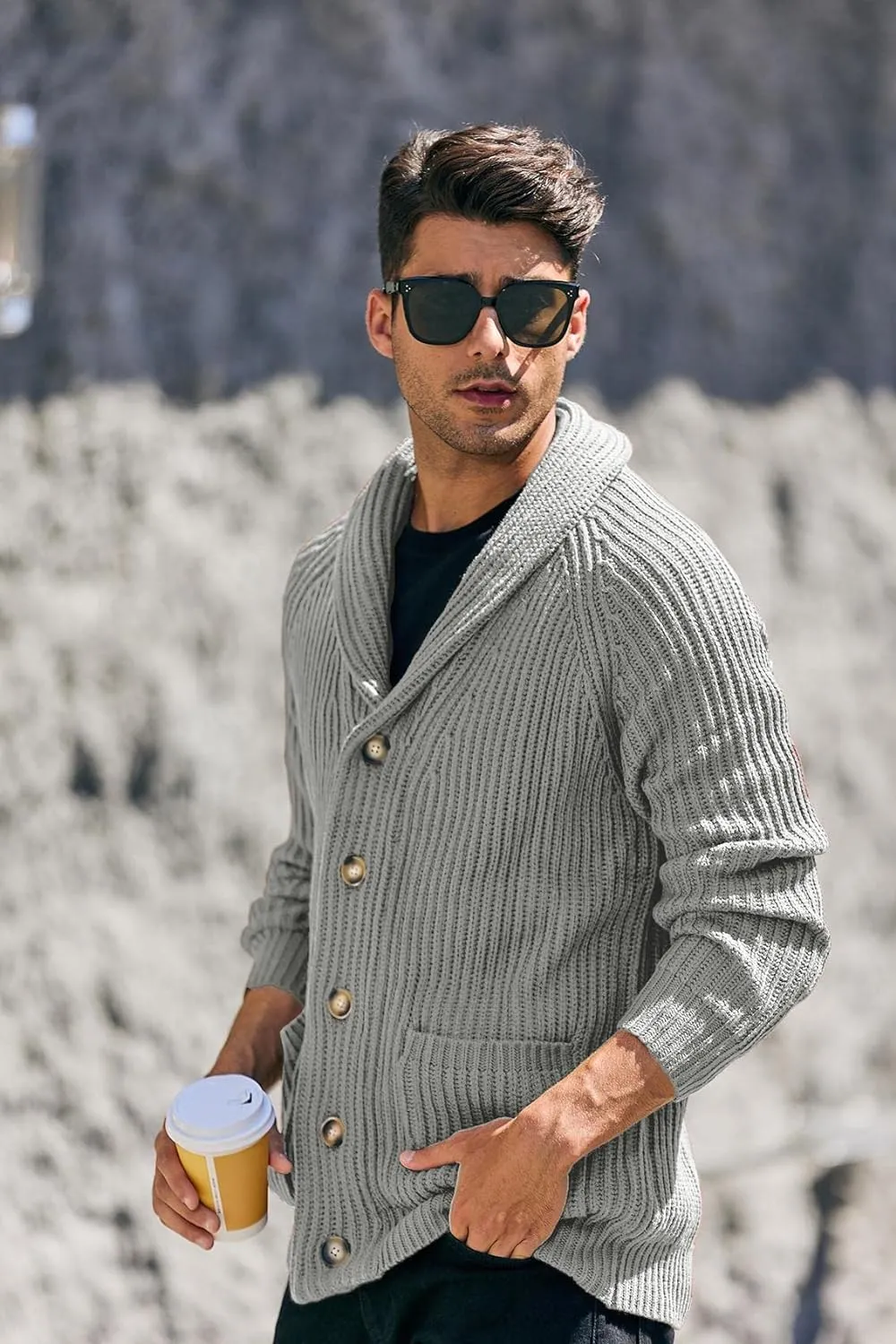 Men's Grey Shawl Ribbed Button Knit Long Sleeve Sweater Cardigan
