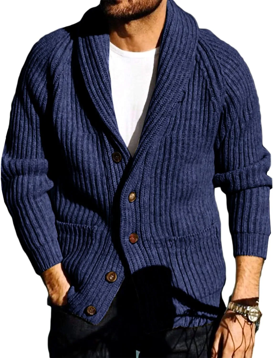 Men's Grey Shawl Ribbed Button Knit Long Sleeve Sweater Cardigan