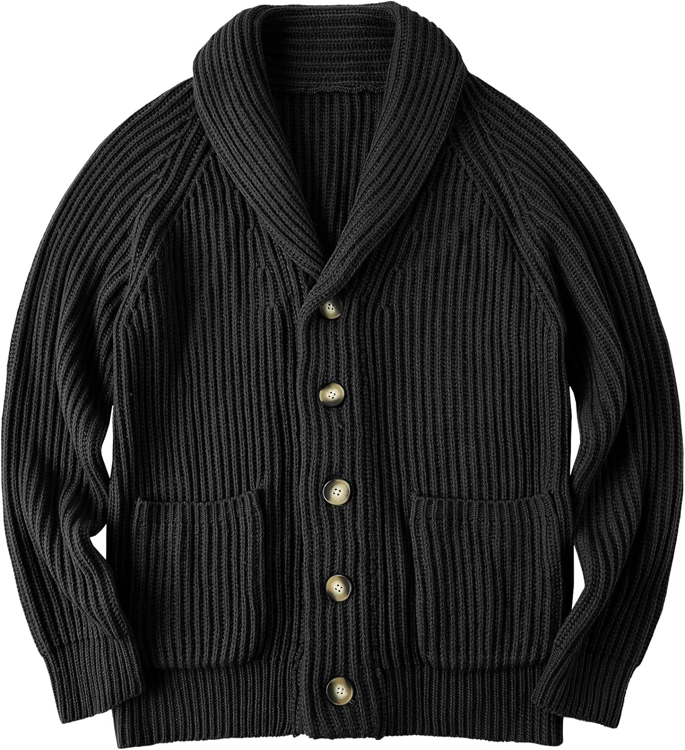 Men's Grey Shawl Ribbed Button Knit Long Sleeve Sweater Cardigan