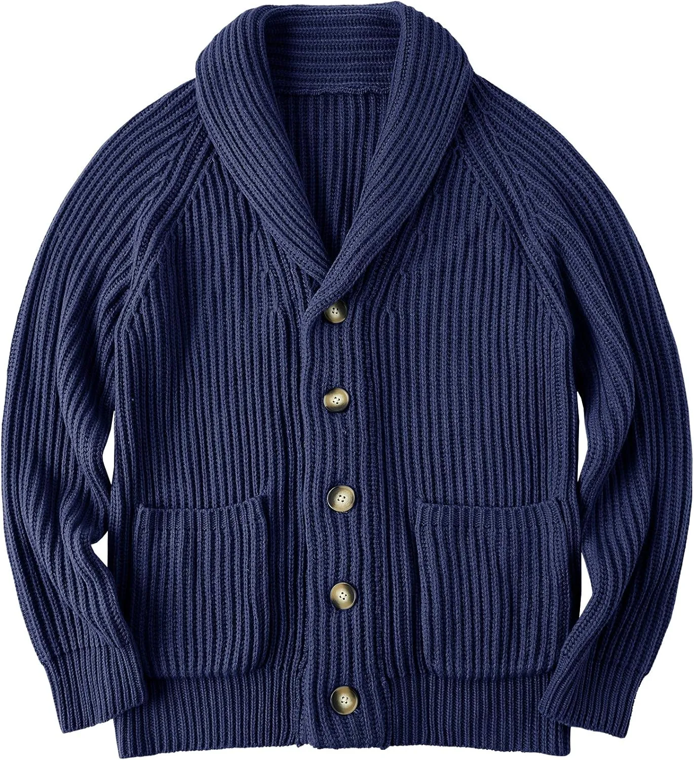 Men's Grey Shawl Ribbed Button Knit Long Sleeve Sweater Cardigan