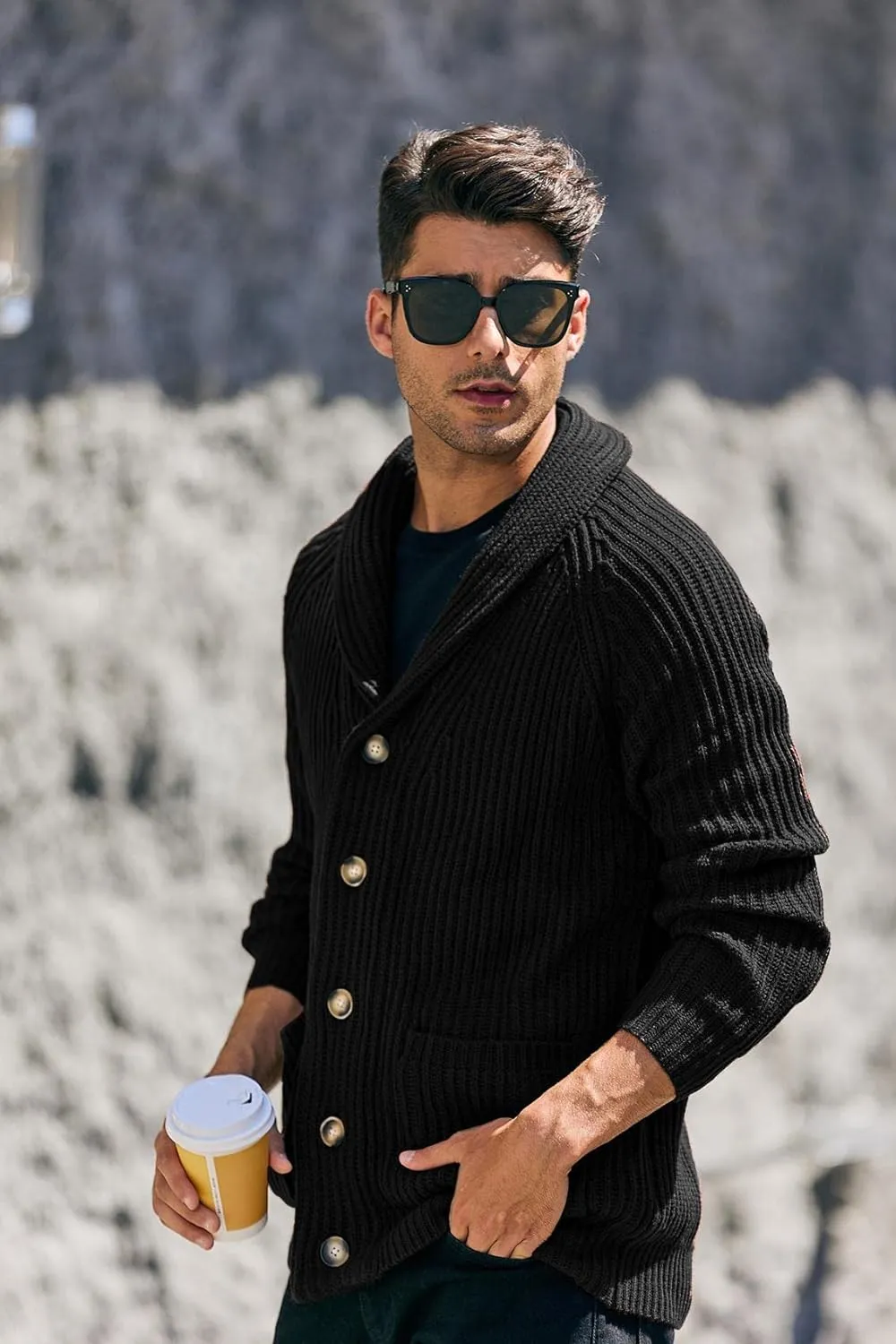 Men's Grey Shawl Ribbed Button Knit Long Sleeve Sweater Cardigan