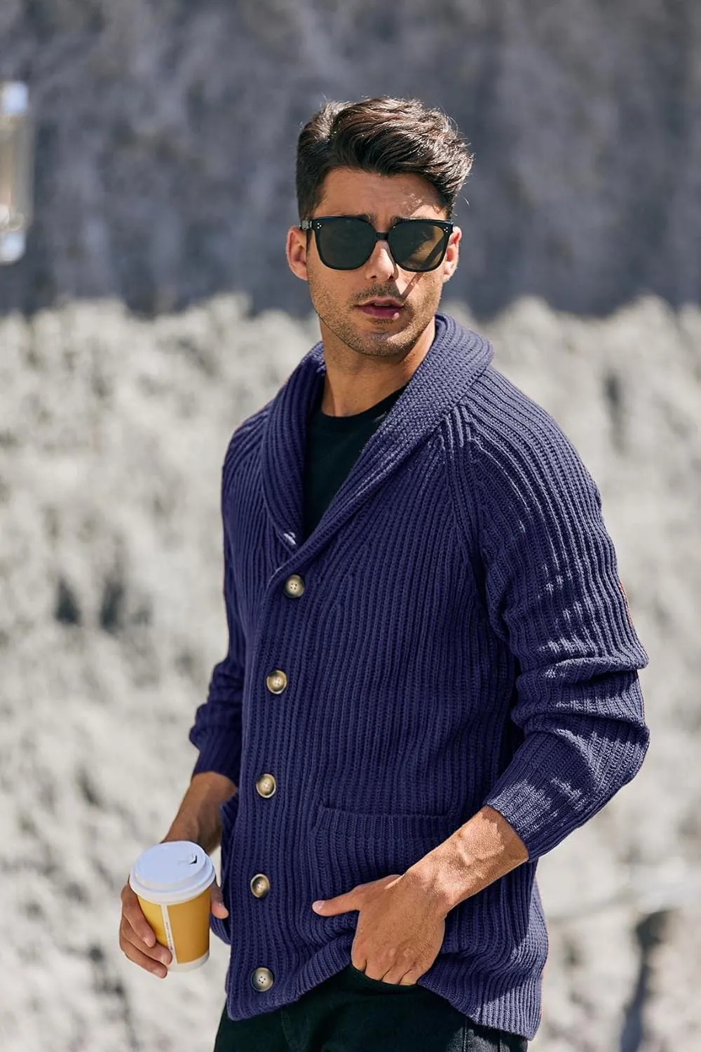Men's Grey Shawl Ribbed Button Knit Long Sleeve Sweater Cardigan