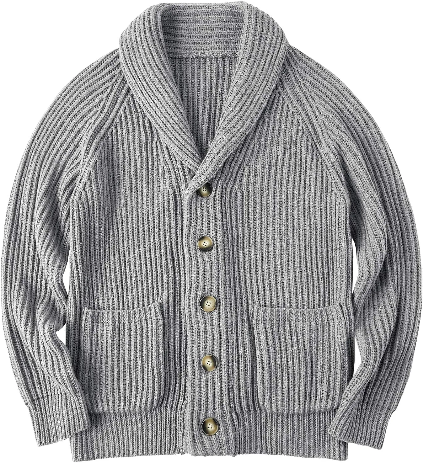 Men's Grey Shawl Ribbed Button Knit Long Sleeve Sweater Cardigan
