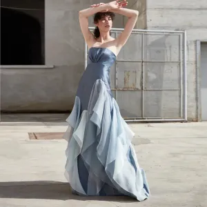 Mqtime Elegant Blue Silk Taffeta Prom Party Dresses Strapless Ruffled Organza Formal Gown Italian Celebrity Dress Vestidos de fiesta