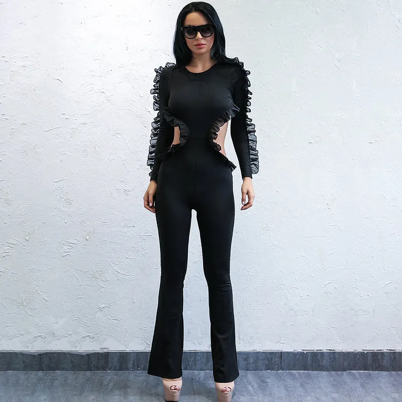 “Nova” black ruffle detail open back jumpsuit
