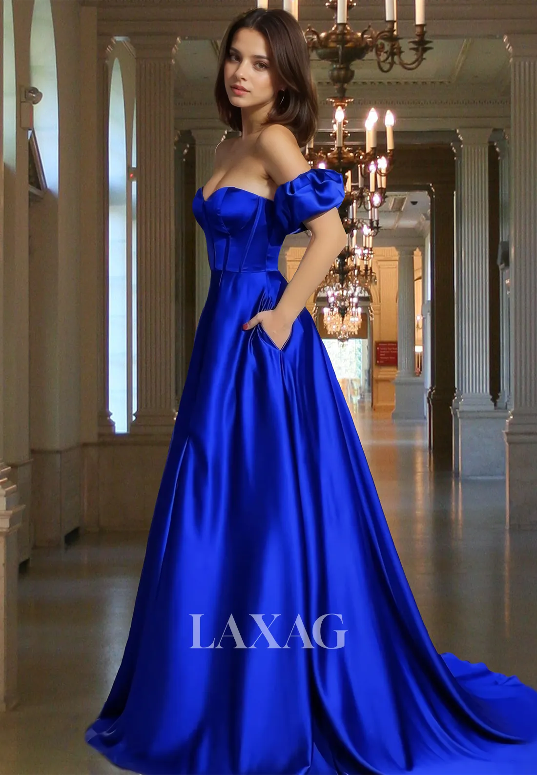 Off-Shoulder Sweetheart Pleated A-Line Prom Dress Puff-Sleeves High Slit Satin Evening Gowns