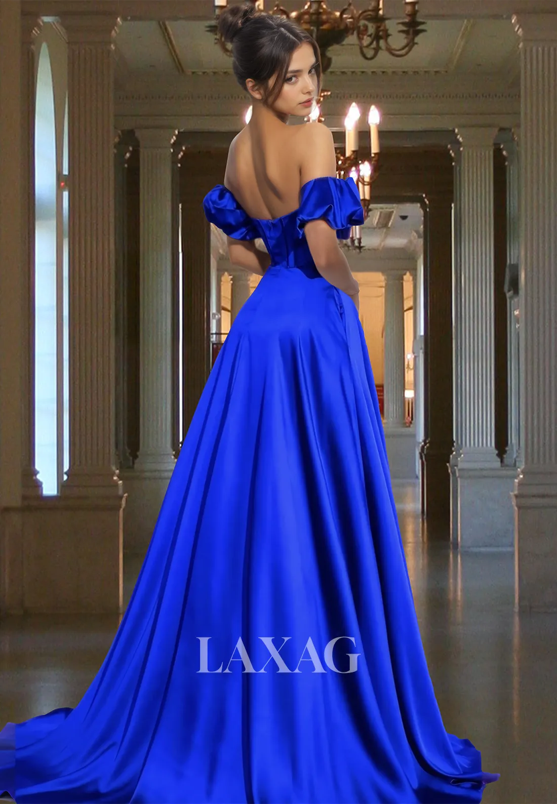 Off-Shoulder Sweetheart Pleated A-Line Prom Dress Puff-Sleeves High Slit Satin Evening Gowns
