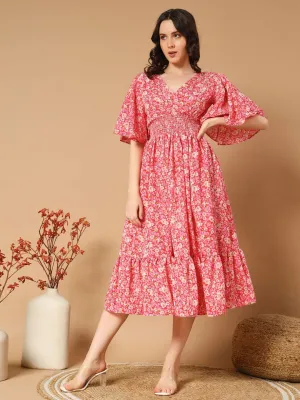 Pink floral print A-line Midi Dress