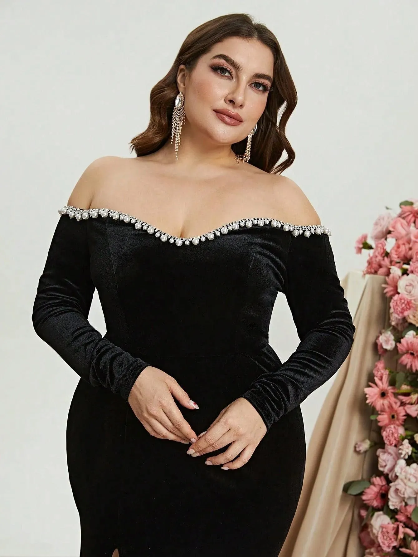 Plus Off Shoulder Split Thigh Velvet Mermaid Dress