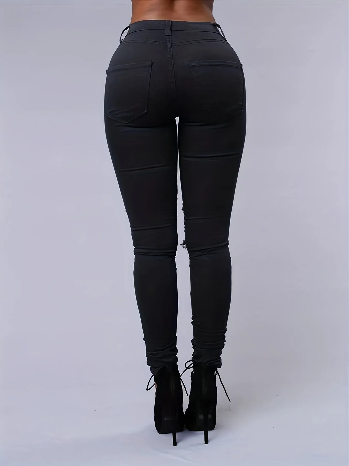 Ripped High Strech Distressed Jeans, Zipper Button Closure Solid Color Slim Fit Denim Pants, Women's Denim Jeans & Clothing