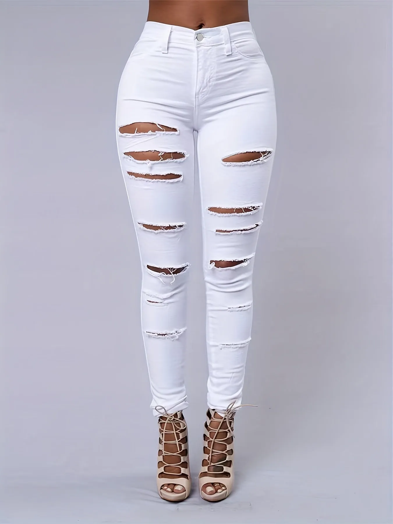 Ripped High Strech Distressed Jeans, Zipper Button Closure Solid Color Slim Fit Denim Pants, Women's Denim Jeans & Clothing
