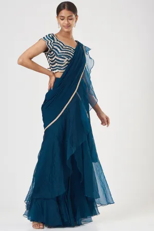 Ruffled Olive Green Draped Saree Set