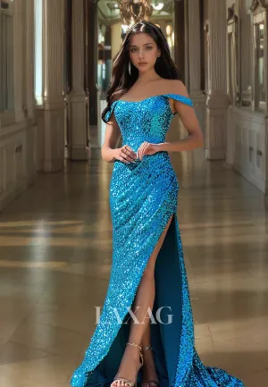 Scoop-Neck Off-Shoulder Sleeveless Mermaid Prom Dress Fully Sequined Pleated High Slit Party Gowns